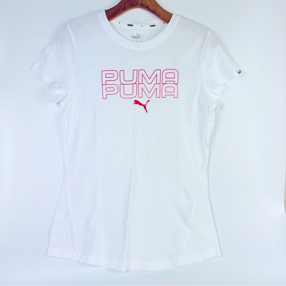 PUMA Women's White Logo Short Sleeve Tee Top Small NWT - Picture 2 of 6